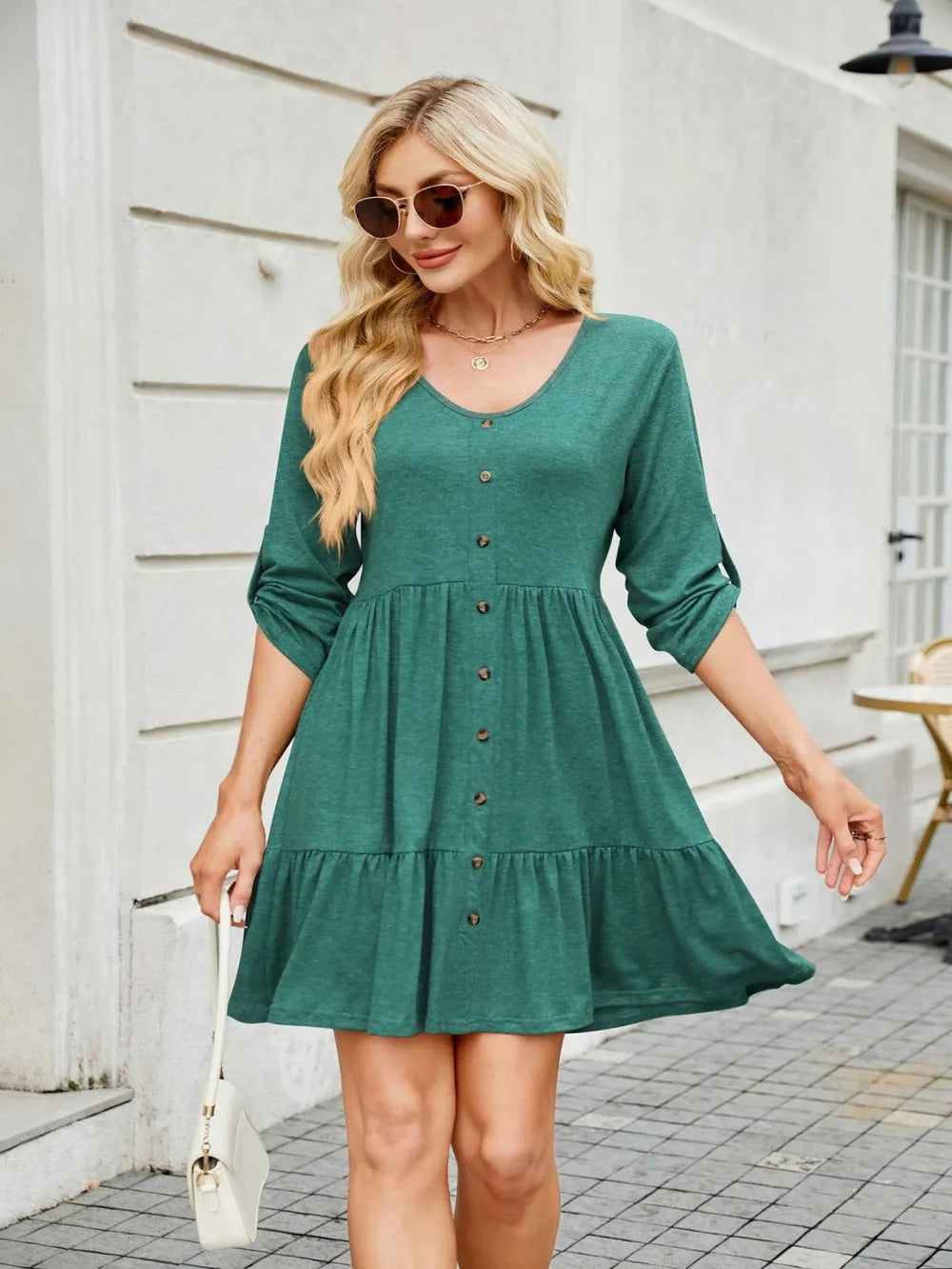 Tiered Ruched V-Neck Mini Dress Turquoise