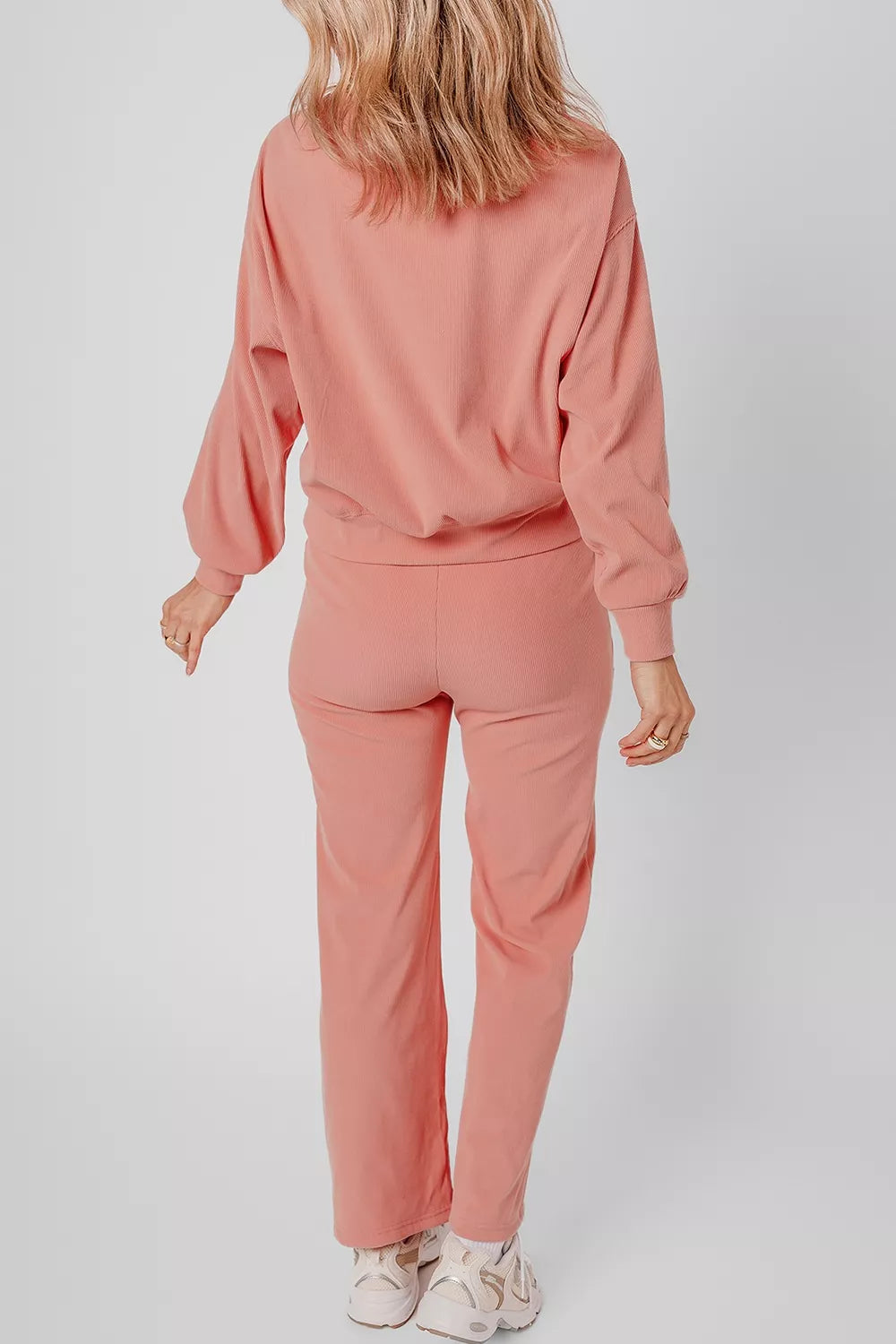 women's ribbed round neck top and pants set - side view