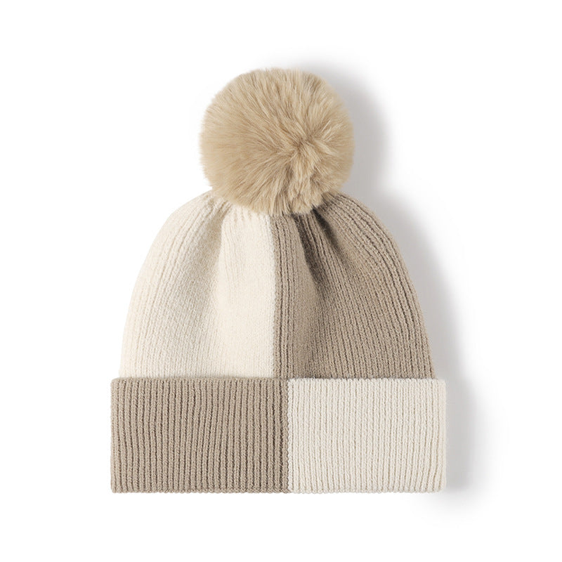 Color Block Knit Hat with Pom-pom Khaki One Size