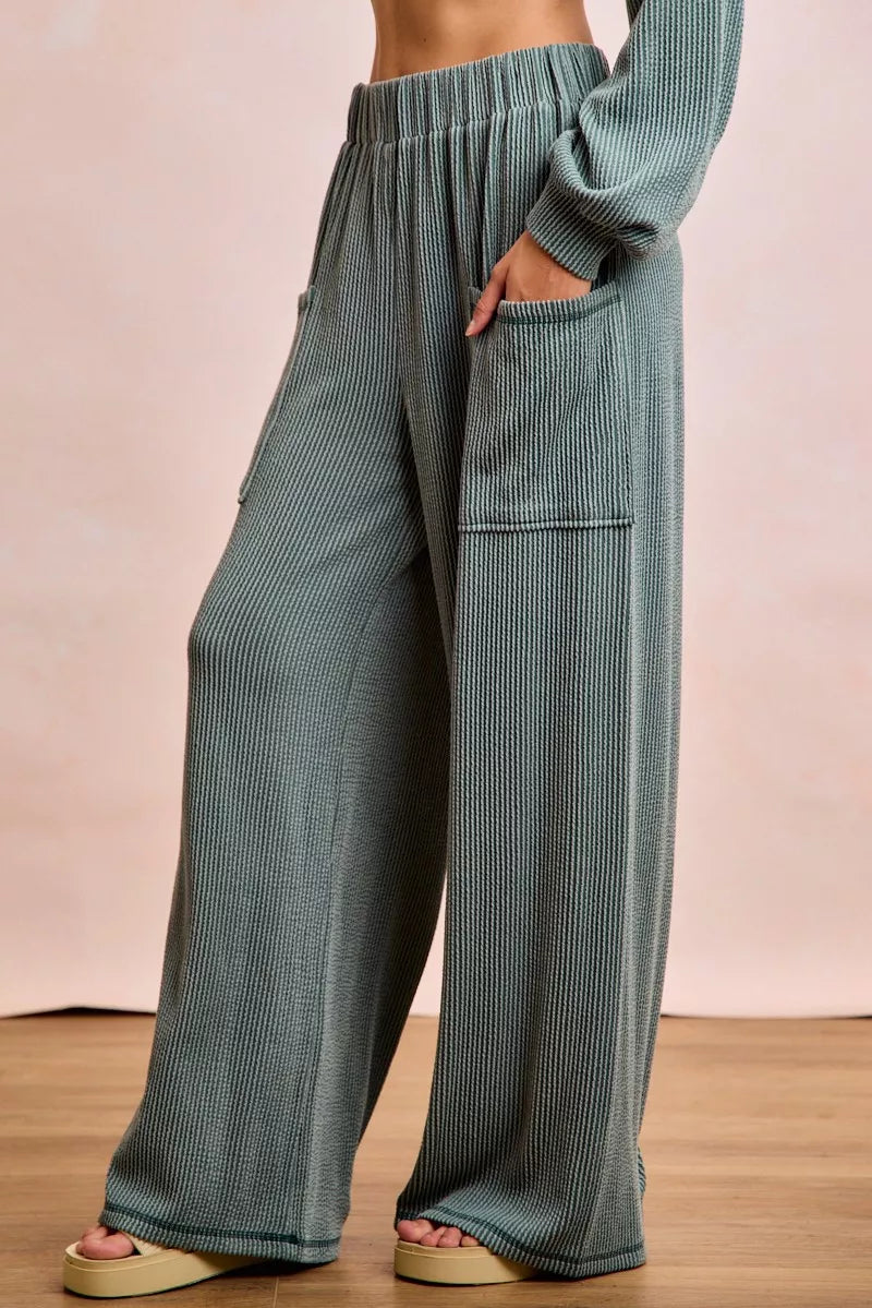 women's bibi two tone cord rib contrast stitching v-neck top and pants set - product detail