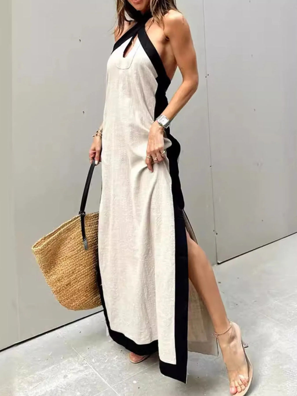 women's contrast halter sleeveless maxi dress - lifestyle shot