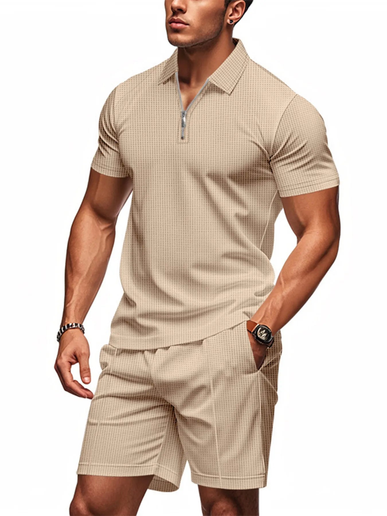 men's men's plus size quarter zip short sleeve top and shorts set - additional image