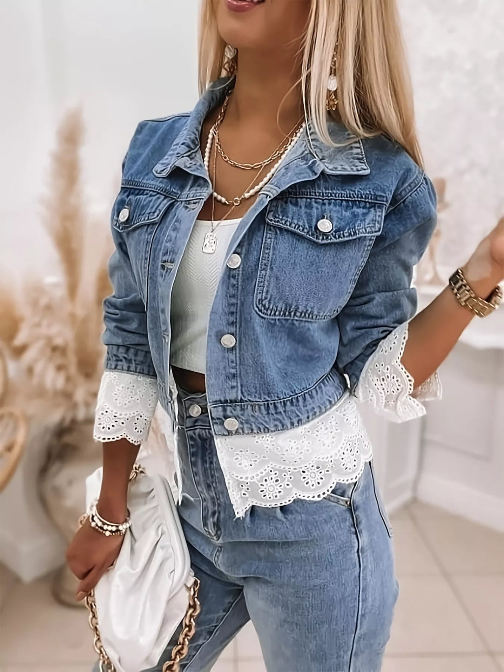 women's cropped denim jacket with lace trim - additional image