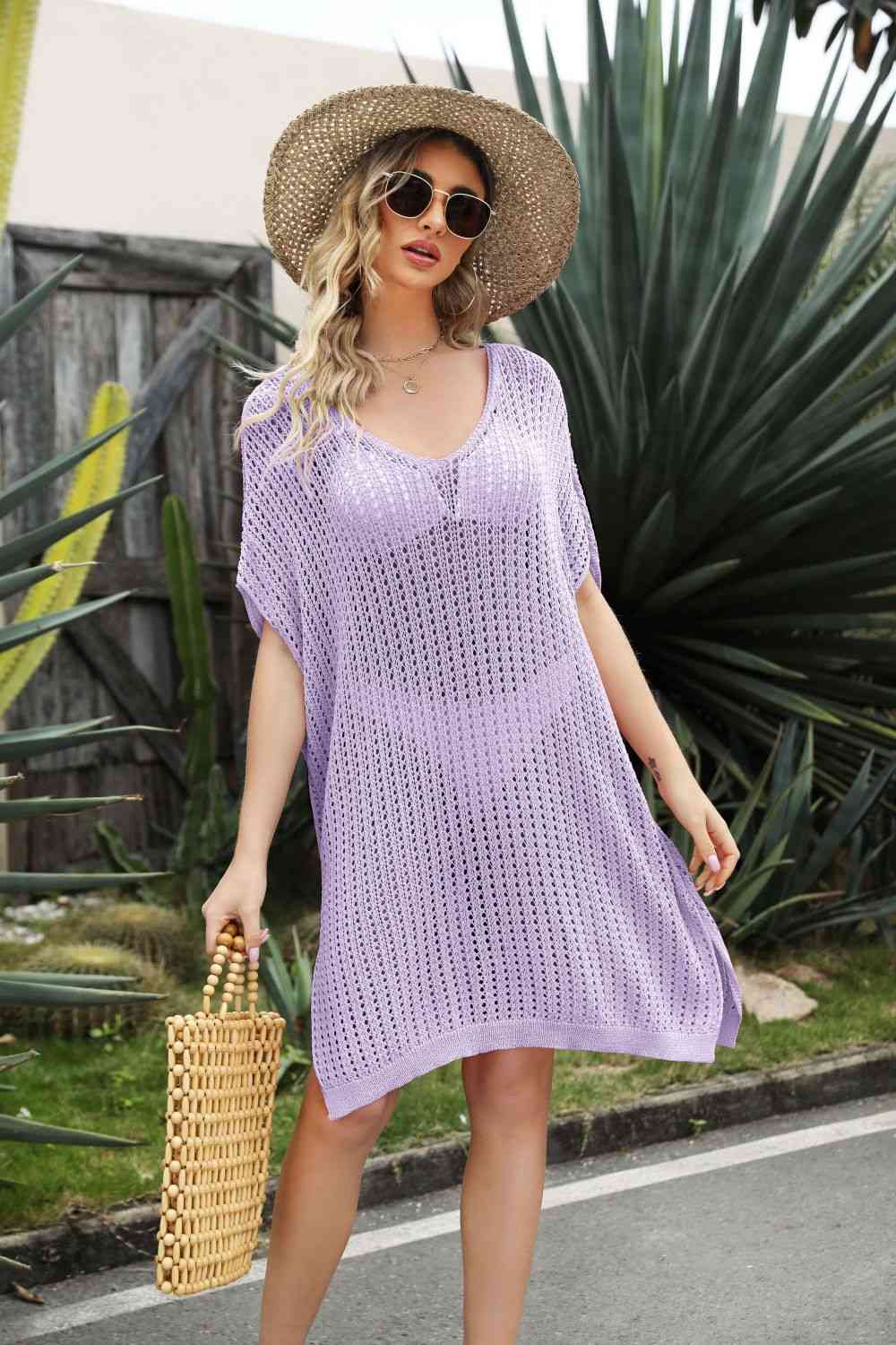 Openwork Side Slit Cover-Up Dress Lavender One Size