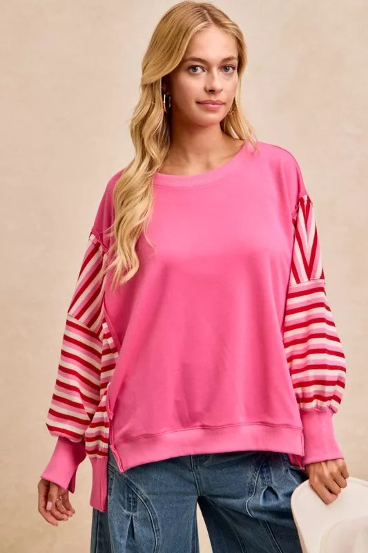 women's bibi french terry stripe combo sweatshirt with open seam - extra view