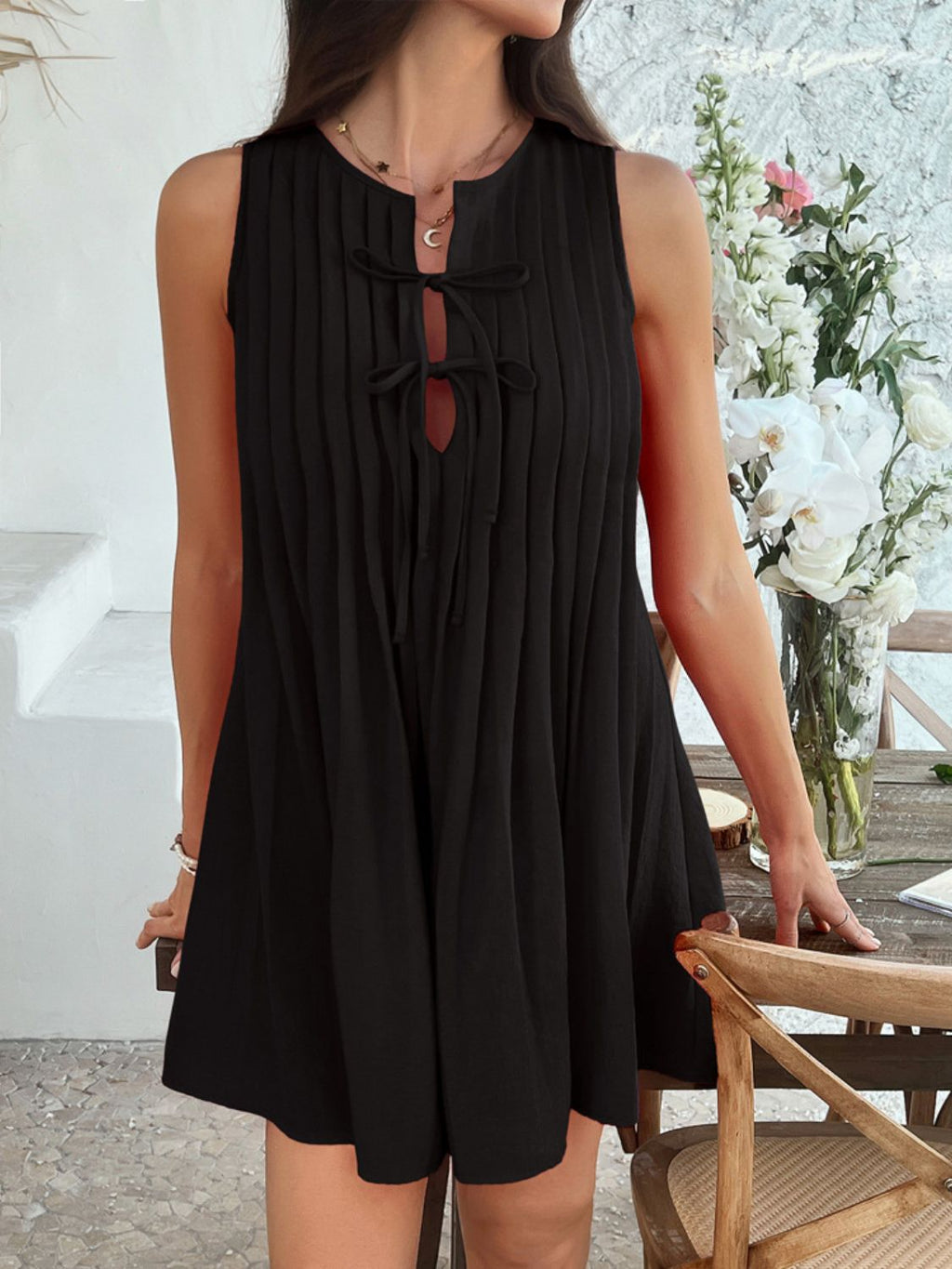 Devine Pleated Sleeveless Mini Dress