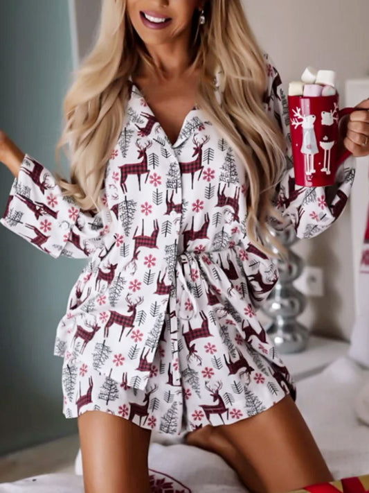 Printed Collared Neck Long Sleeve Top and Shorts Lounge Set White