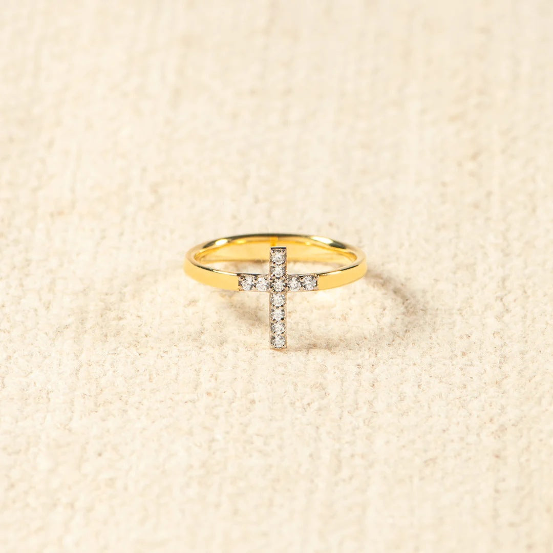 omc moissanite timeless bridal jewelry 925 Sterling Silver Inlaid Zircon Cross Ring in Gold, size 5, 6, 7, 8, 9, 10, shown in angled view highlighting gemstone detail