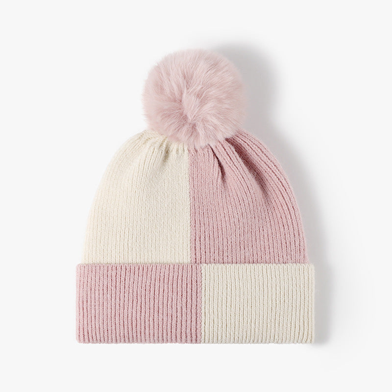 Color Block Knit Hat with Pom-pom Blush Pink One Size