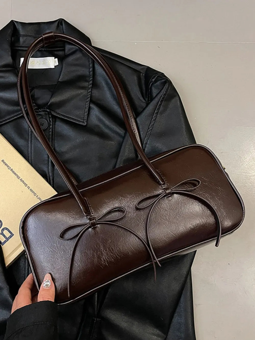 women's pu leather bow trim shoulder bag - product detail