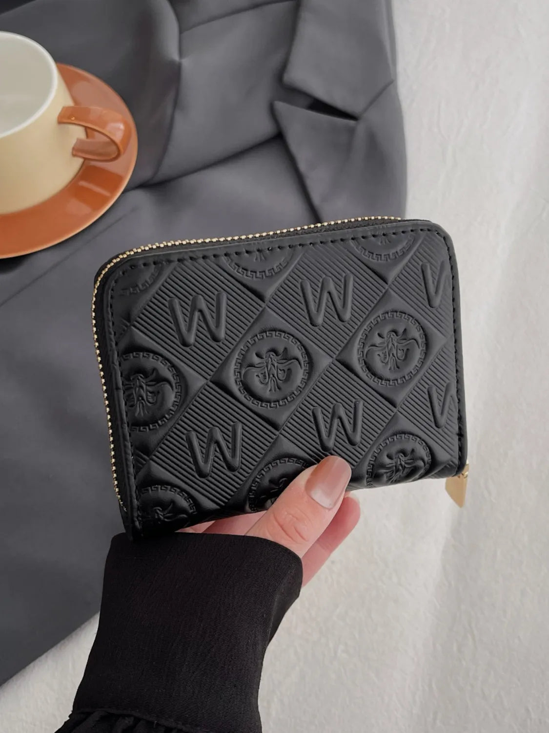 Embossed Zip Mini Wallet Black One Size