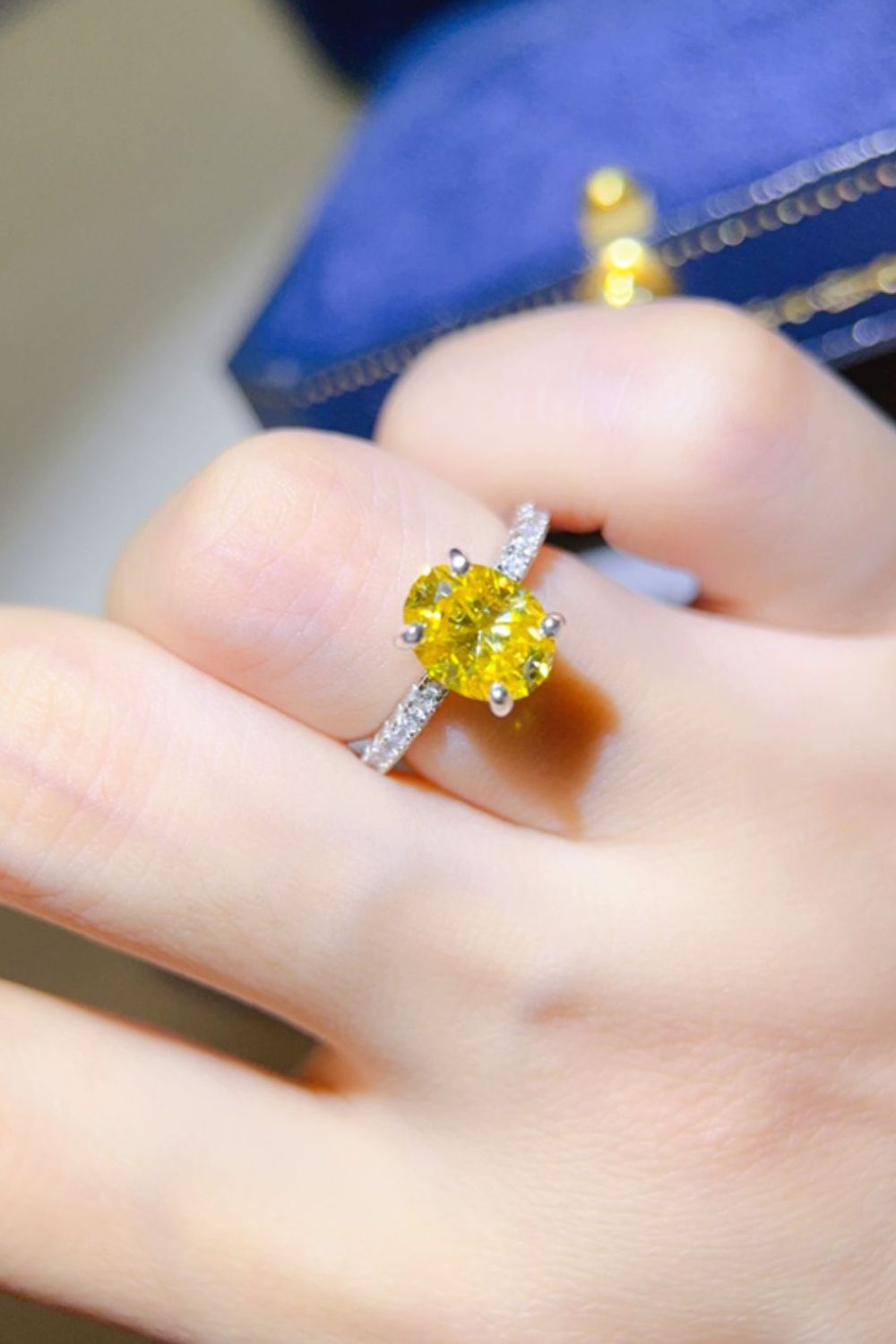 old mine cut diamond band unique engagement rings 2 Carat Moissanite 925 Sterling Silver Ring in Yellow, size 5, 6, 7, 8, 9, shown in top view highlighting gemstone detail