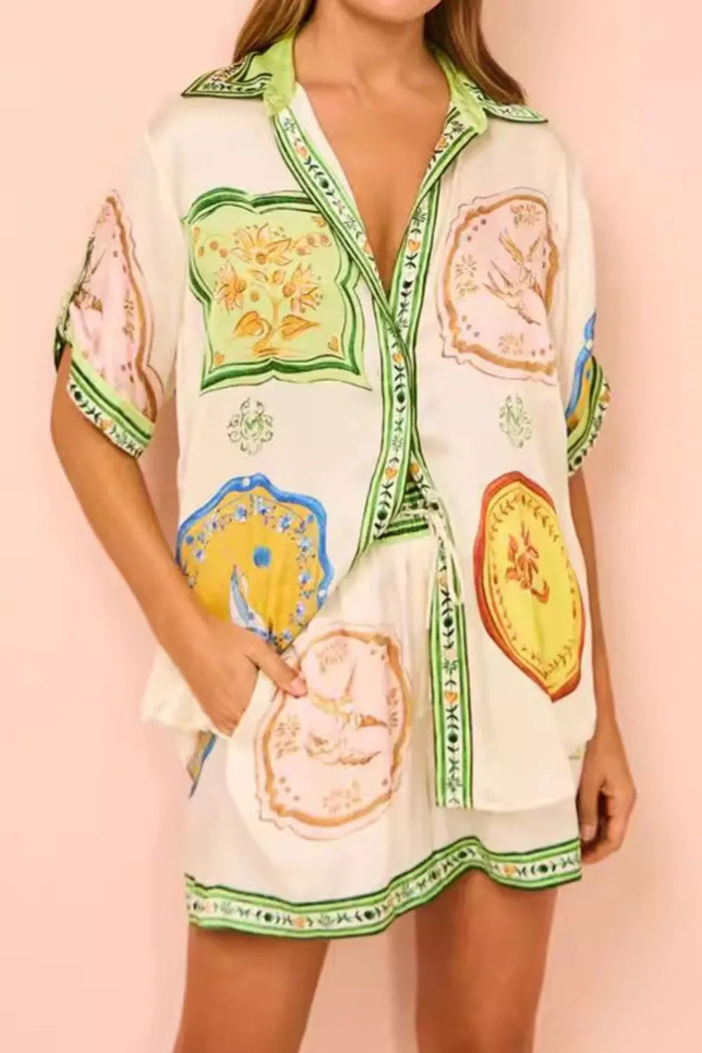 Printed Short Sleeve Button Down Top and Shorts Set