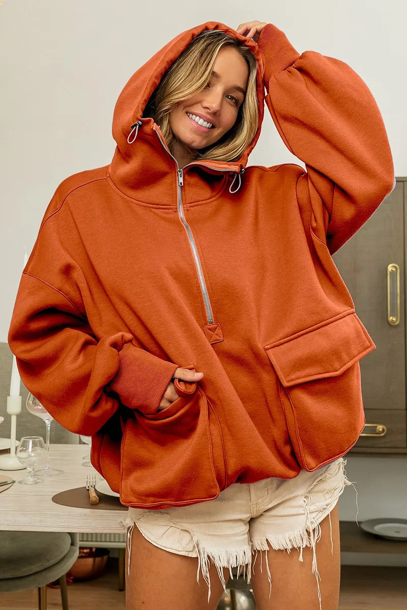 bibi half zip vintage washed fleece hoodie shown as women’s outerwear