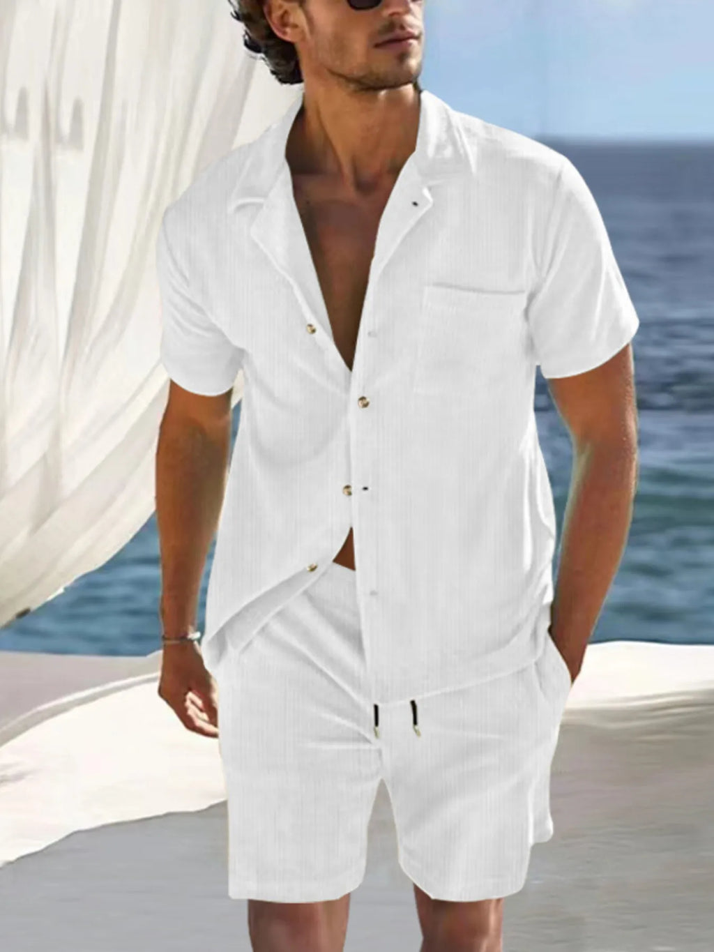 men's men's full size button detail short sleeve top and shorts set plus size - styling option