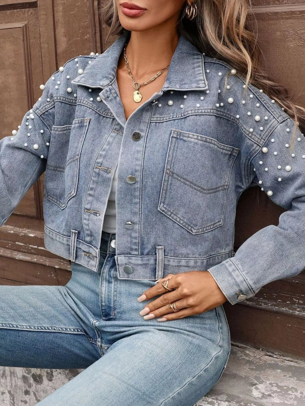 women's pearl embellished cropped denim jacket - styling option