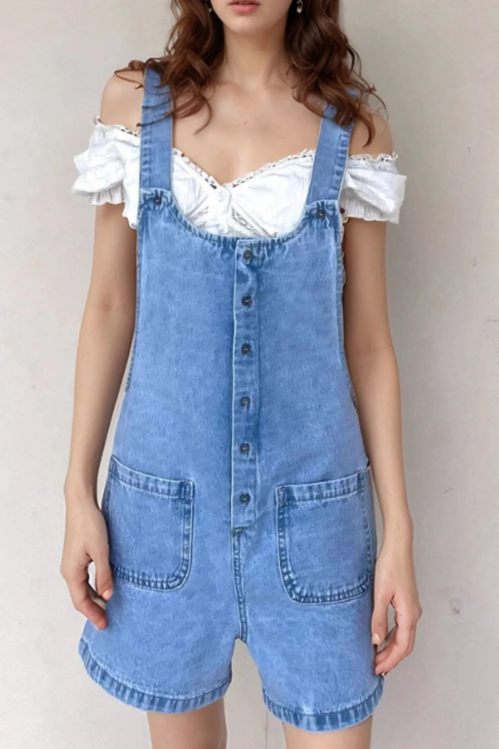 Button Front Denim Overall Shorts with Front Pockets