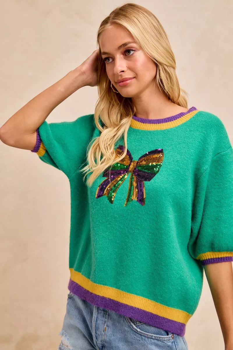 women's bibi mardi gras sequin ribbon patched sweater - product detail