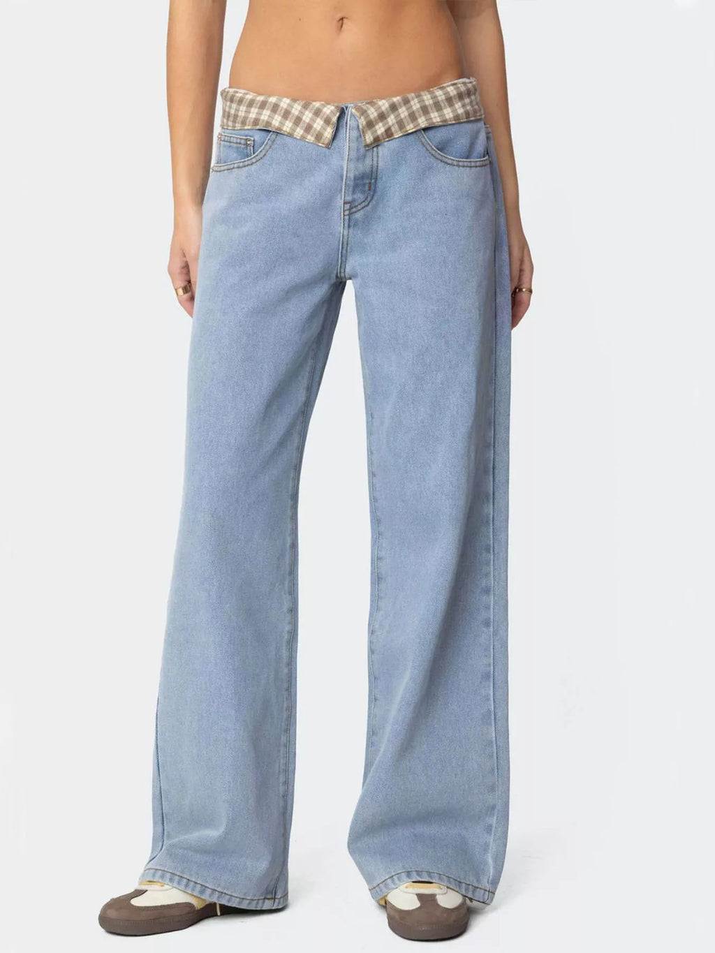 women's plaid trim wide leg jeans - side view