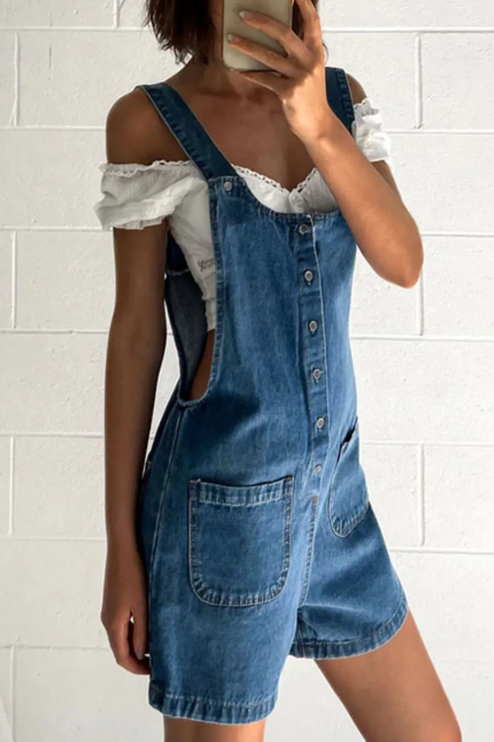 Button Front Denim Overall Shorts with Front Pockets Navy