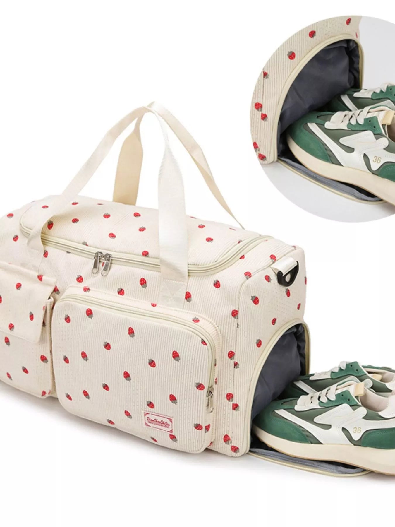 women's strawberry print corduroy travel bag - extra view