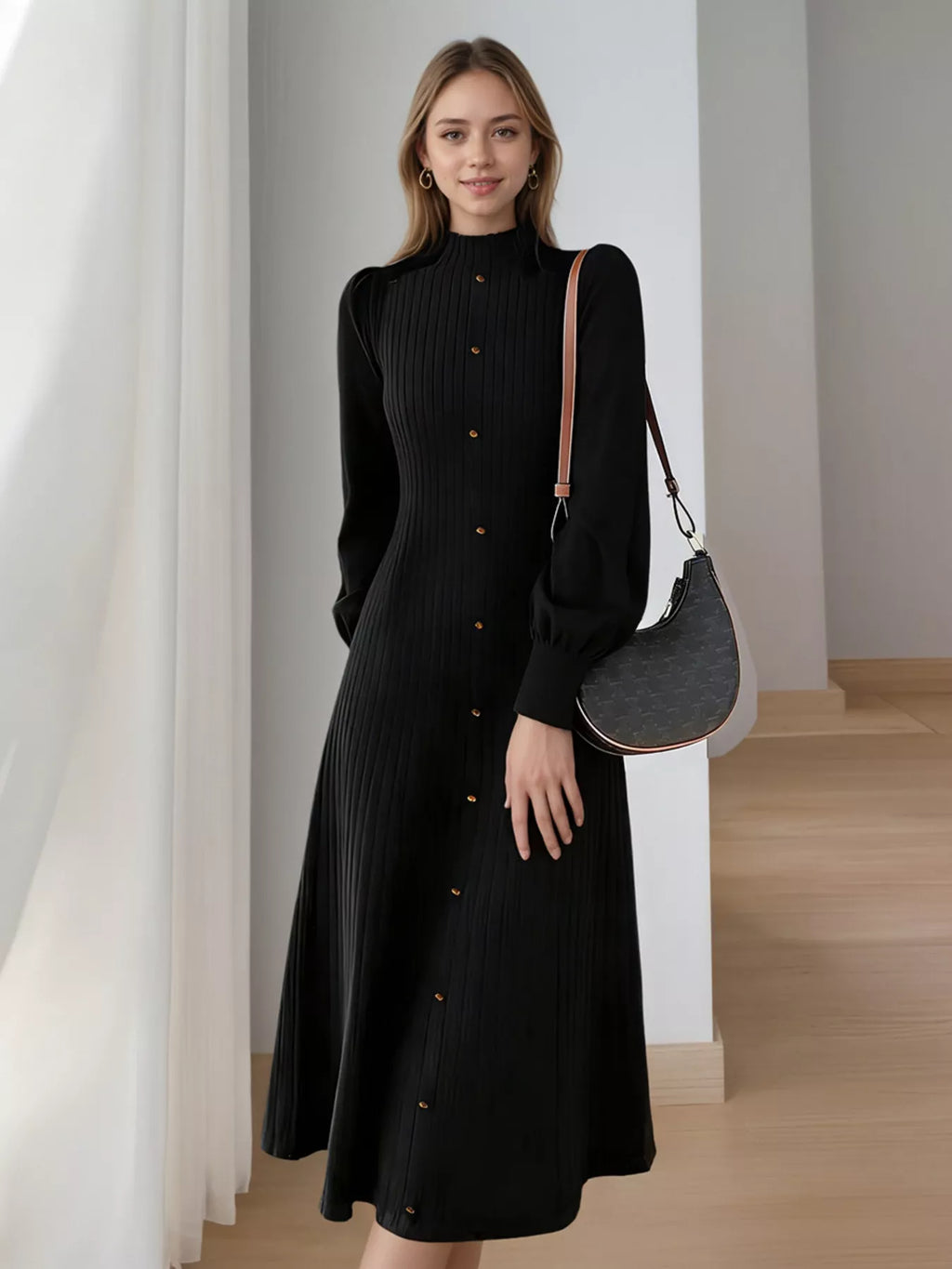 women's ribbed knit mock neck midi dress - extra view