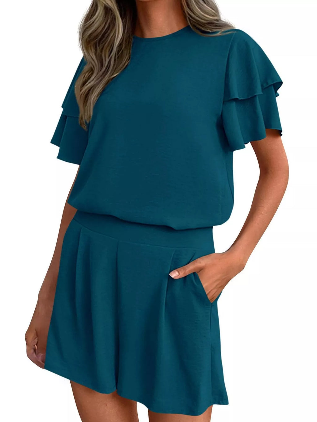 women's ruffle sleeve top and shorts two-piece set - product detail