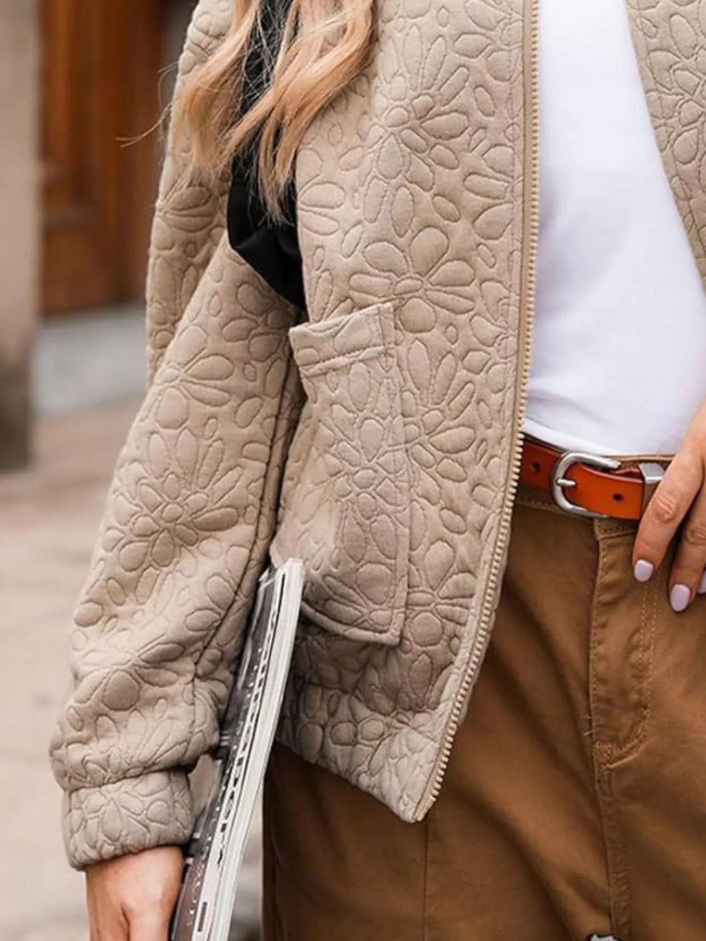women's full size floral quilted zip up jacket plus size - detail shot