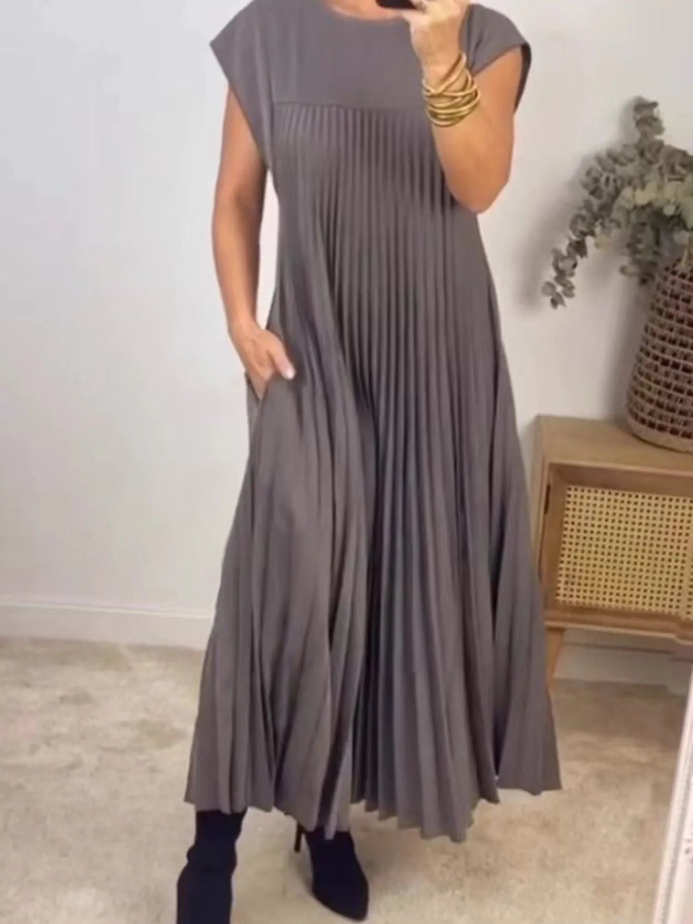 Full Size Pleated Round Neck Maxi Dress Plus Size Gray