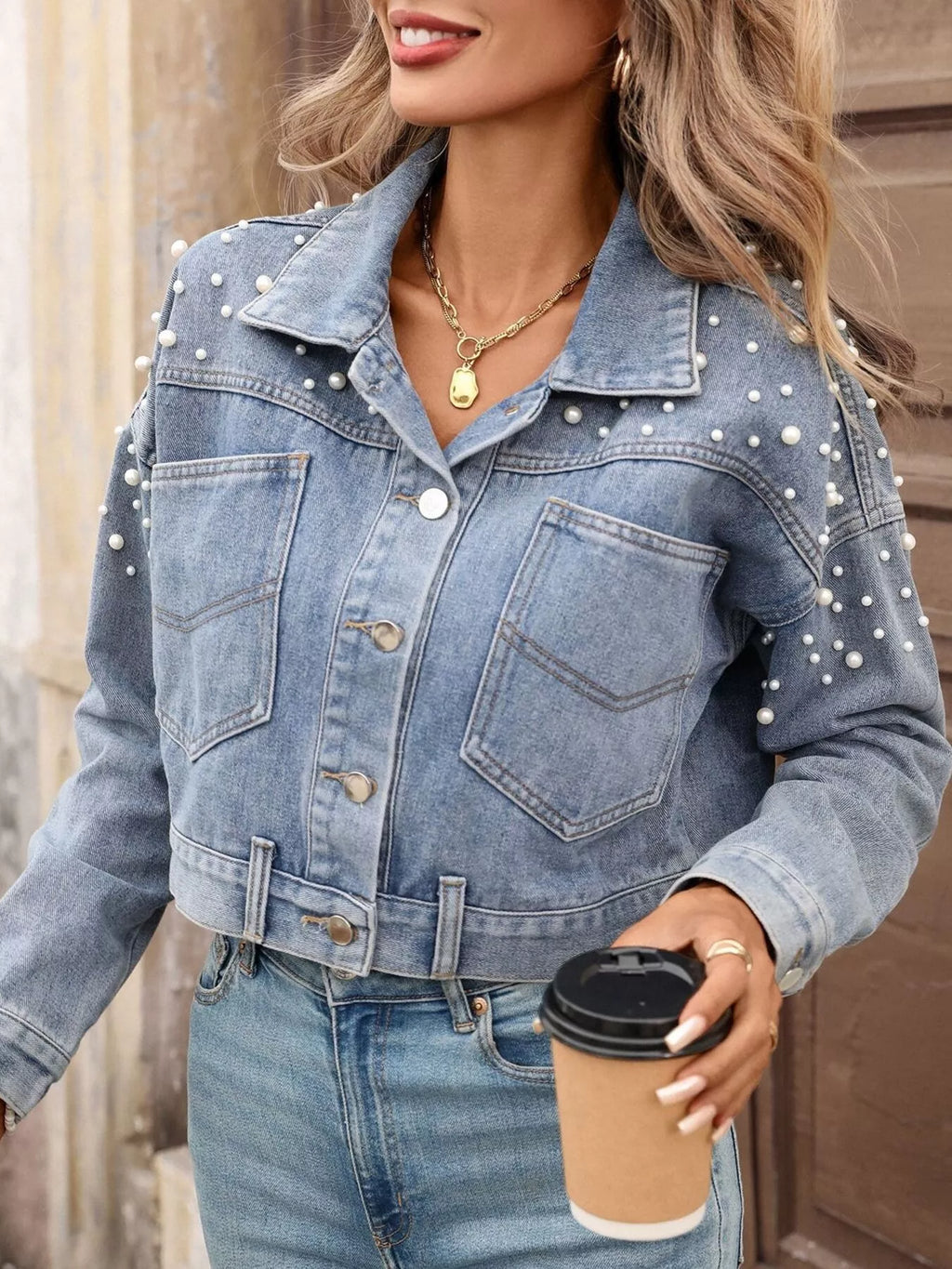 women's pearl embellished cropped denim jacket - alternate angle
