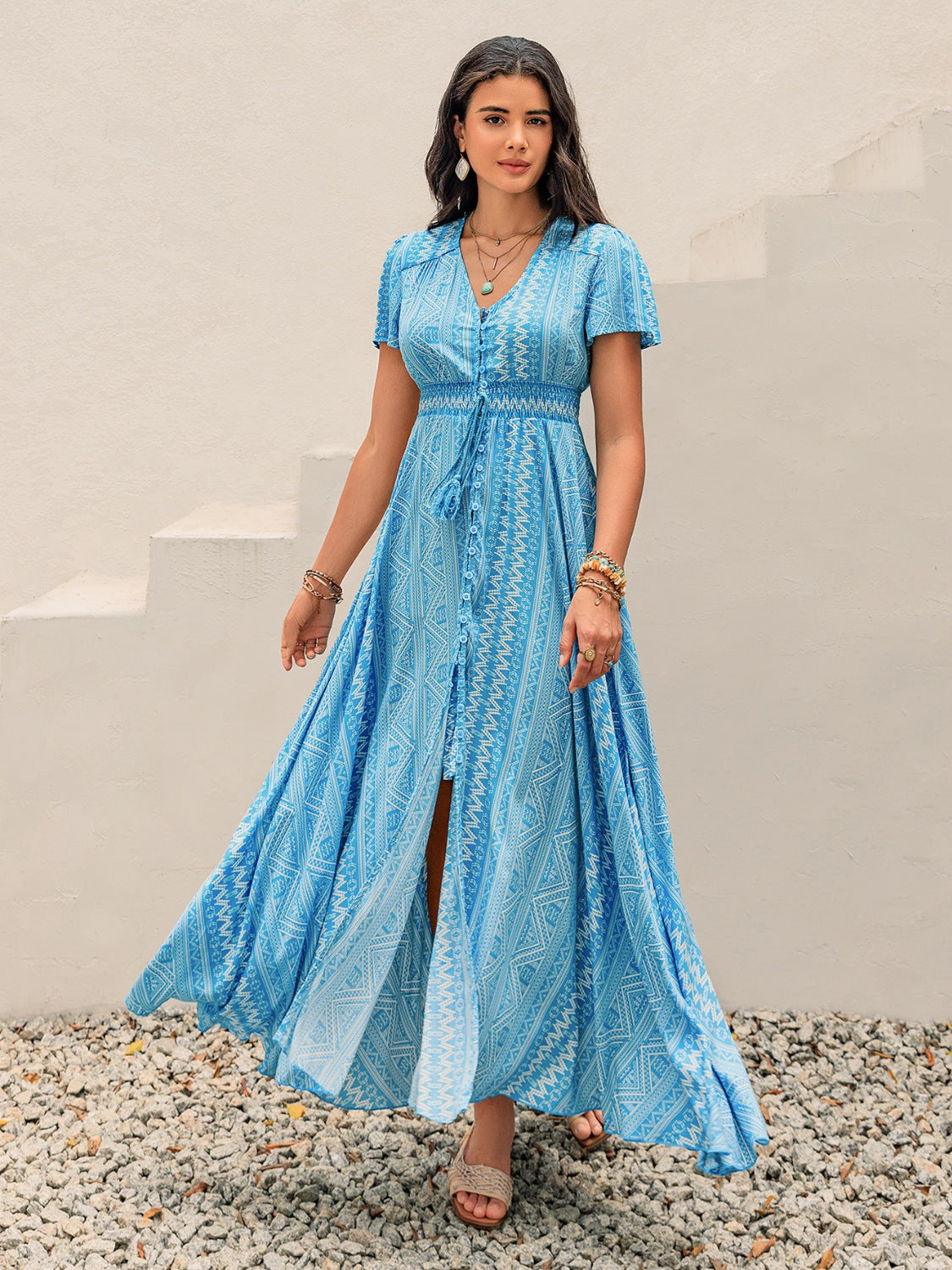 Printed Button Down Short Sleeve Maxi Dress Sky Blue