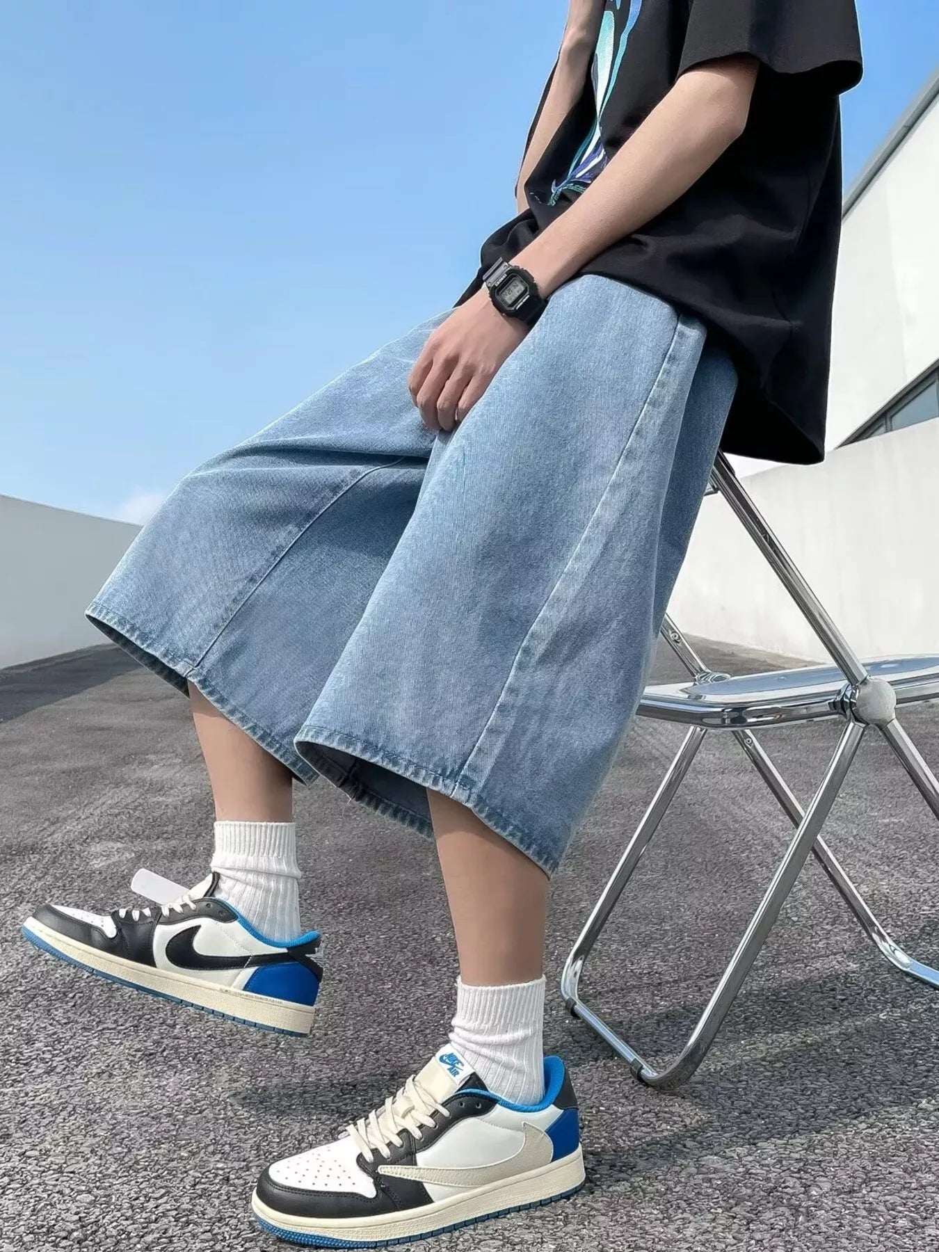 men's men's full size vintage wash wide-leg denim shorts plus size - additional image