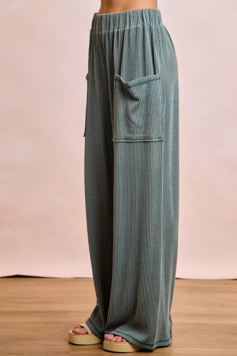 women's bibi two tone cord rib contrast stitching v-neck top and pants set - product detail