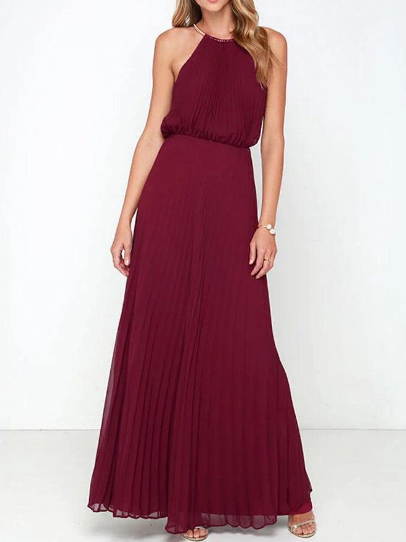 Pleated Sleeveless Maxi Tank Dress Burgundy