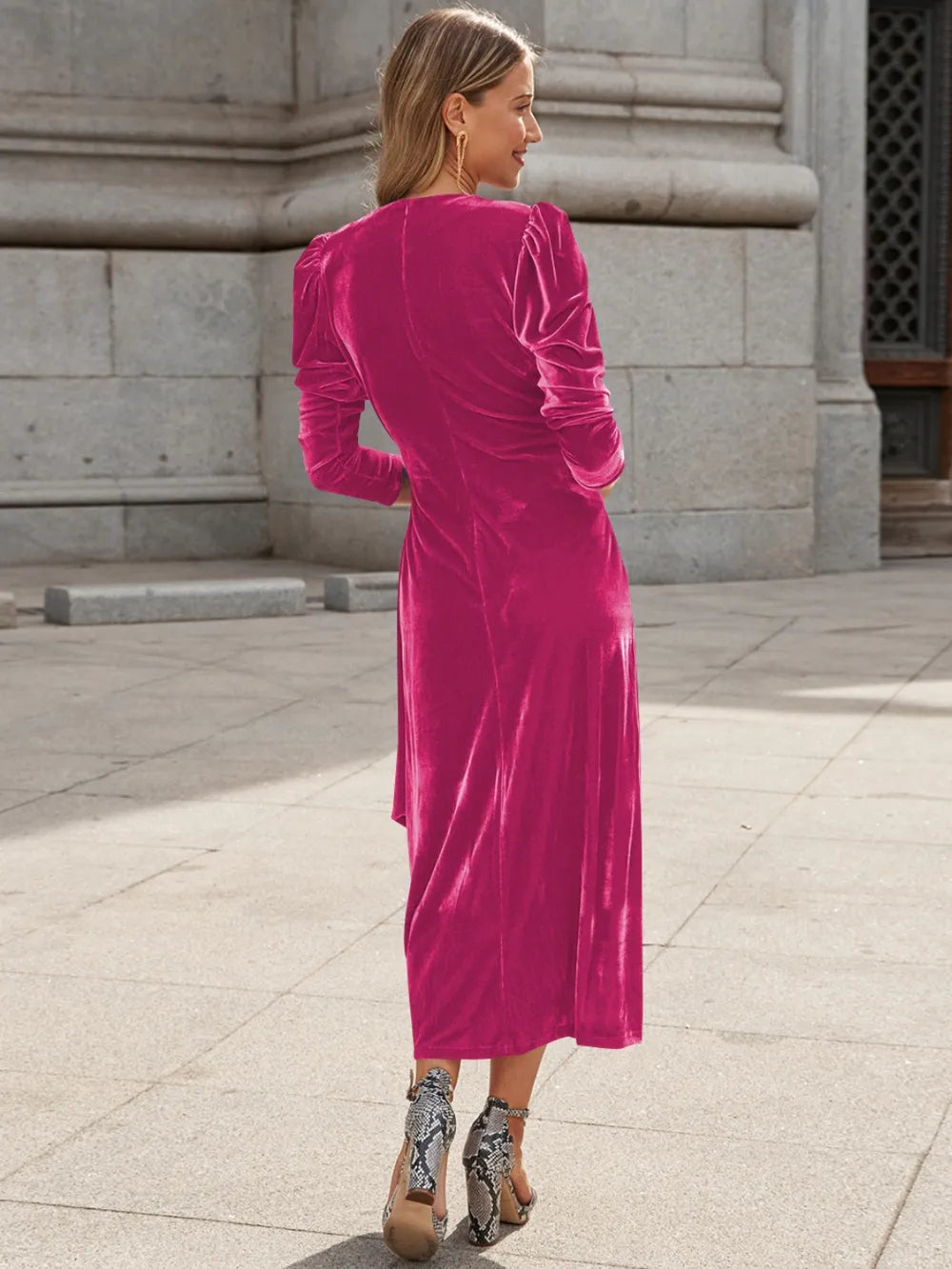 Surplice Puff Sleeve Midi Dress – Donjane