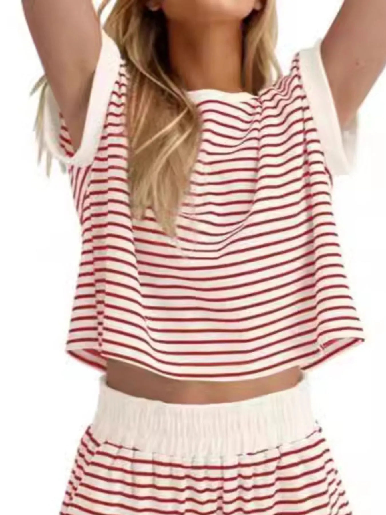 Full Size Contrast Striped T-Shirt and Shorts Set Plus Size