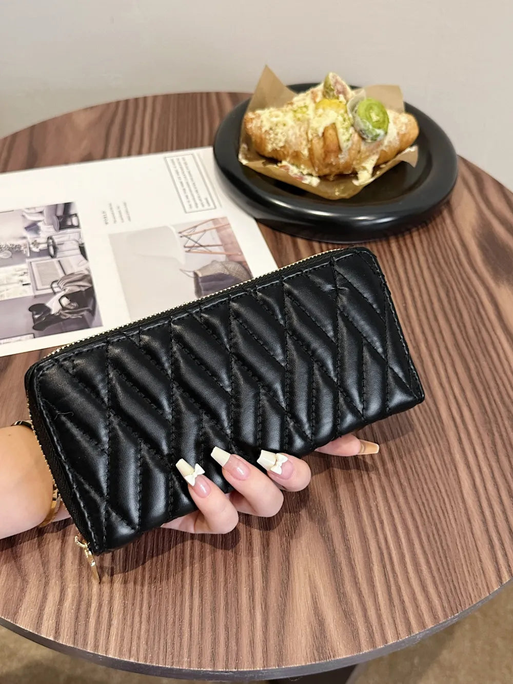 PU Leather Solid Color Wallet Black Rhombus One Size