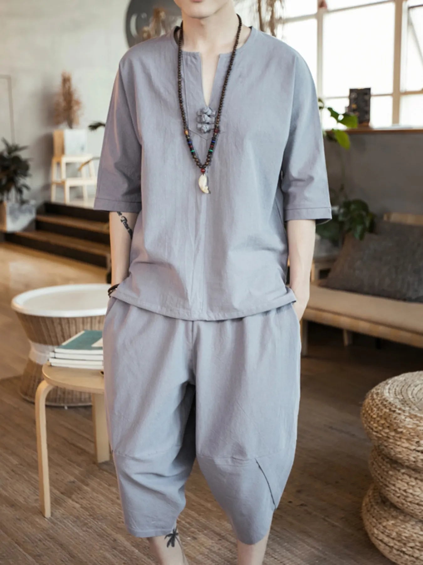 men's men's plus size notched half sleeve top and cropped pants set - second view