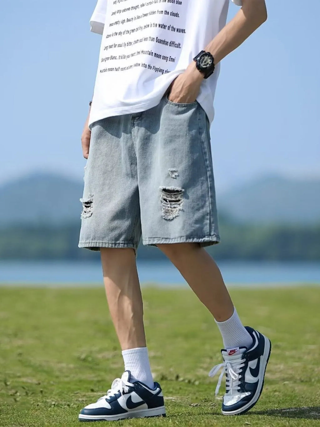 men's men's full size casual loose fit ripped denim shorts plus size - lifestyle shot
