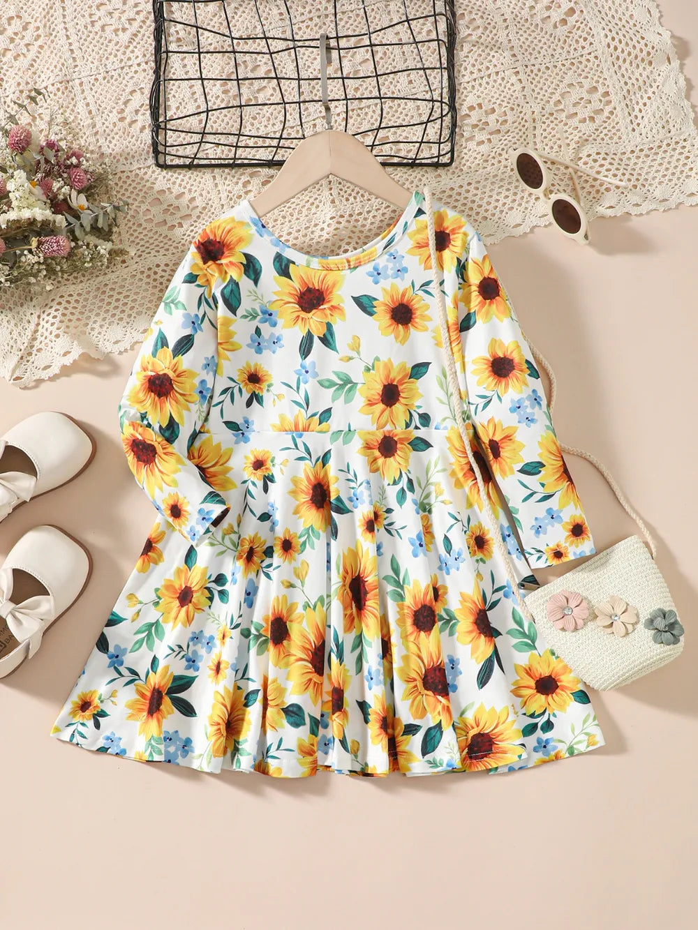 kids sunflower print round neck long sleeve dress — stylish clothing for kids