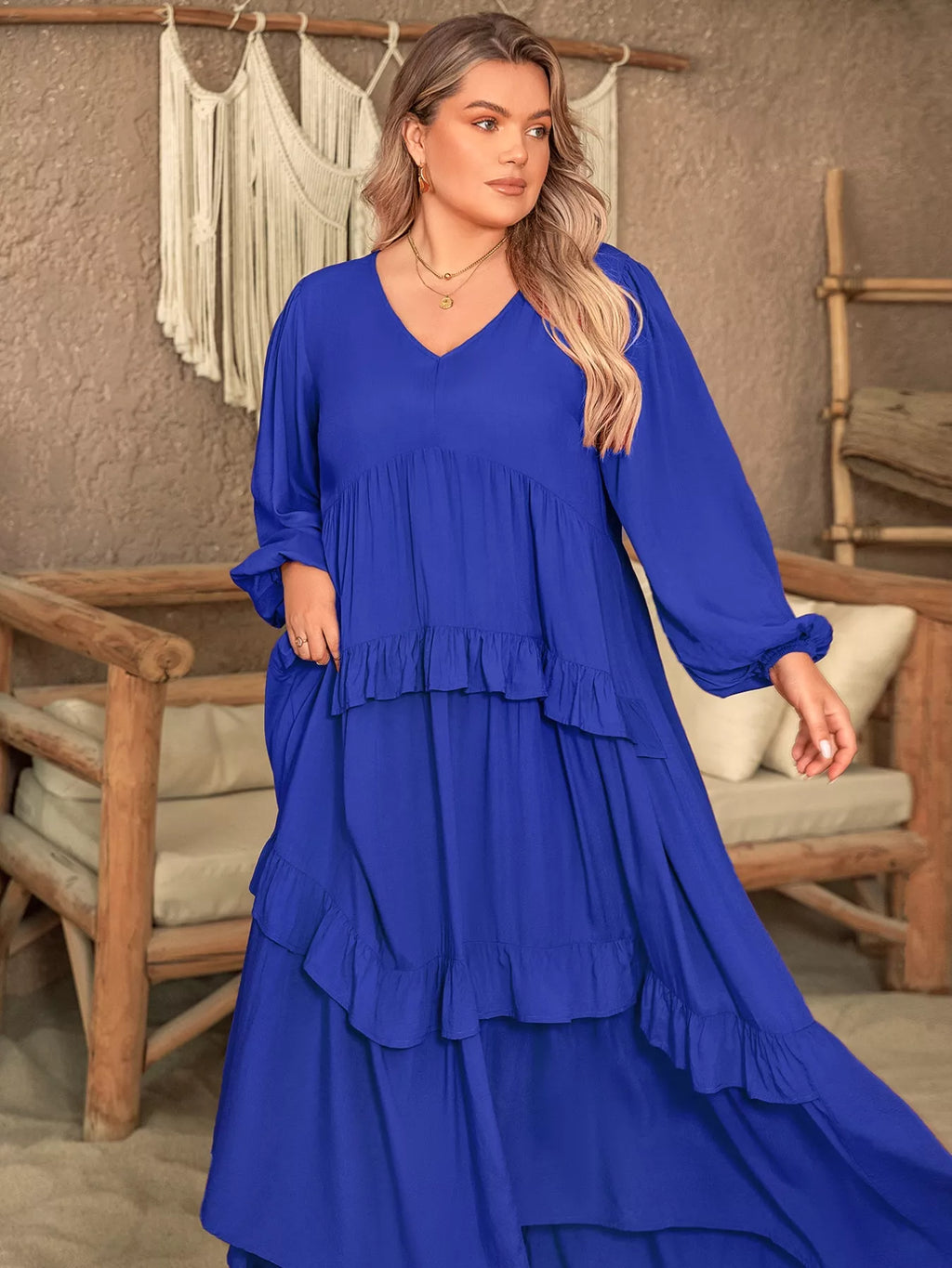 women's plus size balloon sleeve ruffle tiered flowy dress - additional image