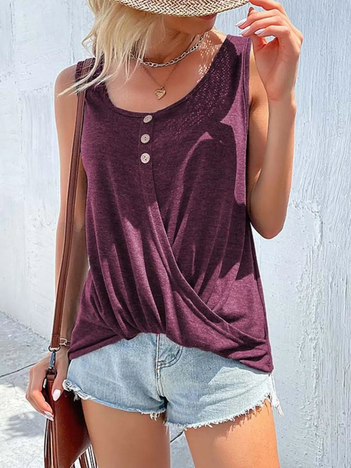 Full Size Decorative Button Round Neck Tank Plus Size Burgundy