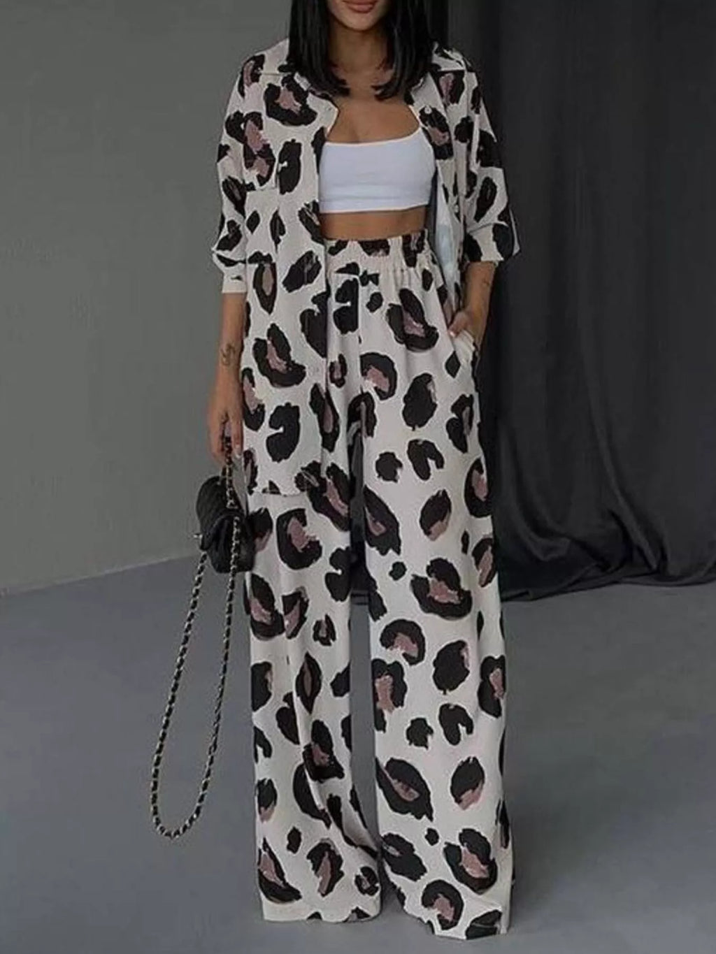 women's leopard print relaxed fit shirt and pants two-piece set - alternate angle