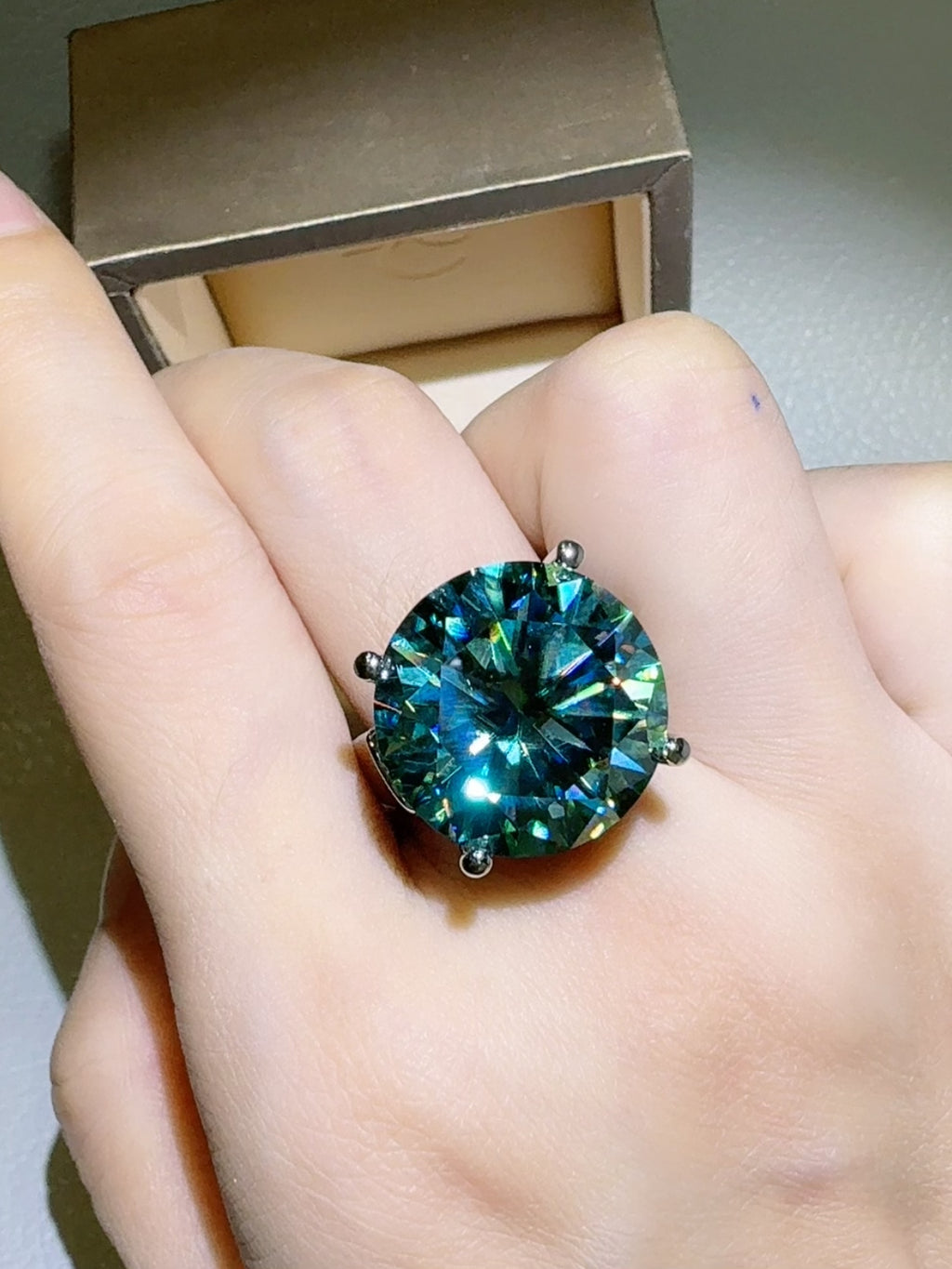 gold silver mix ring rose gold solitaire ring 20 Carat Moissanite 925 Sterling Silver Ring in Turquoise, size 8, 9, 5, 6, 7, shown in side perspective highlighting gemstone detail