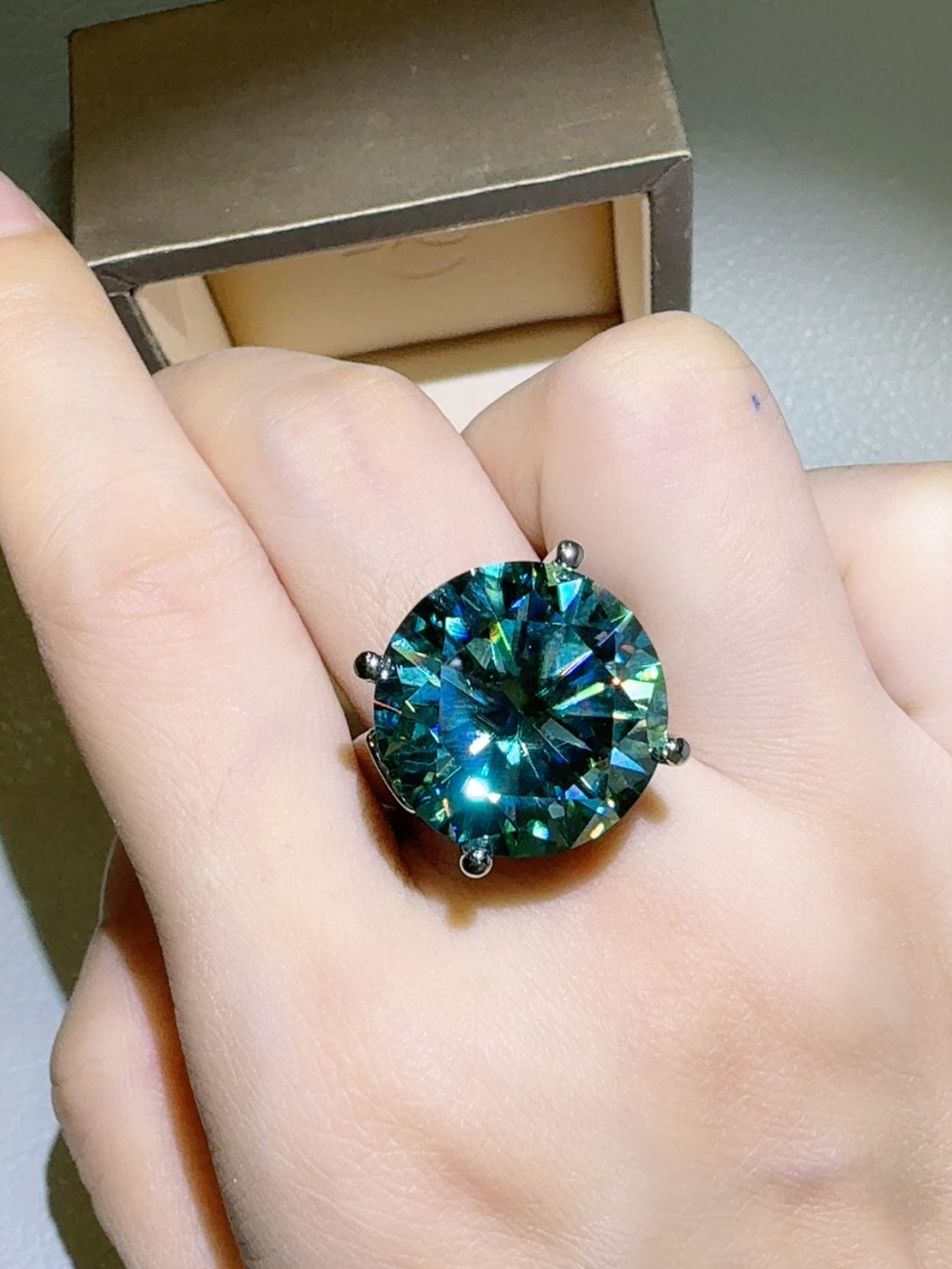 gold silver mix ring rose gold solitaire ring 20 Carat Moissanite 925 Sterling Silver Ring in Turquoise, size 8, 9, 5, 6, 7, shown in side perspective highlighting gemstone detail