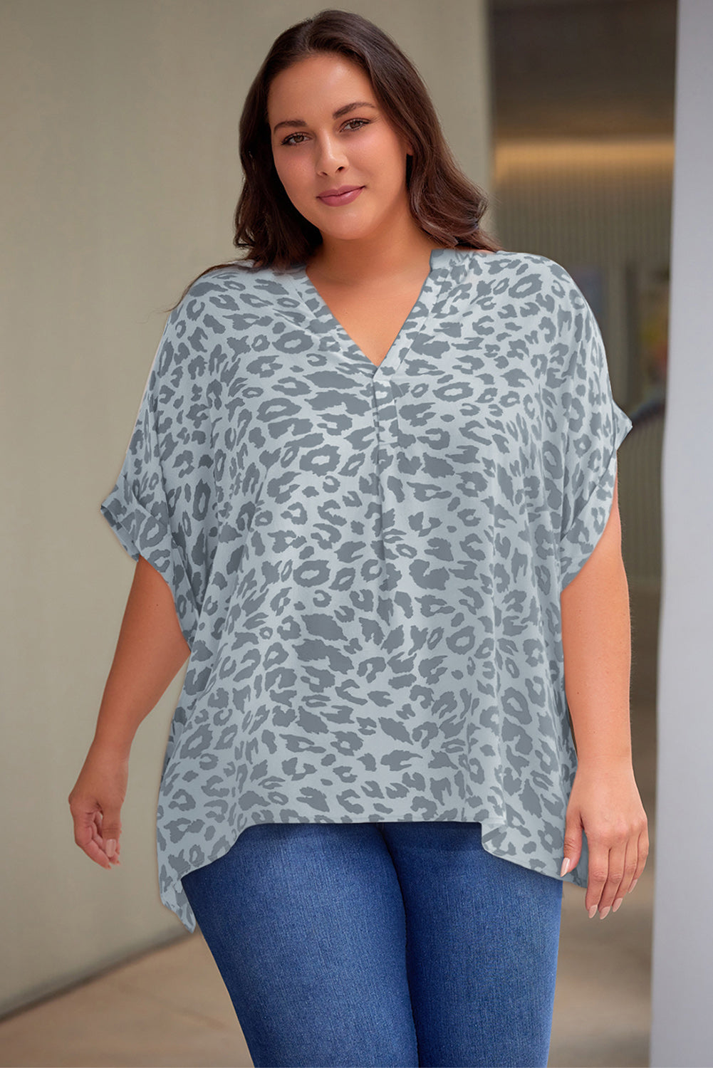 Plus Size Printed Notched Neck Half Sleeve Top Mid Gray