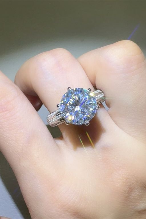 miners cut ring halo setting ring 5 Carat Moissanite 925 Sterling Silver Ring in Silver, size 9, 5, 6, 7, 8, shown in polished detail highlighting gemstone detail