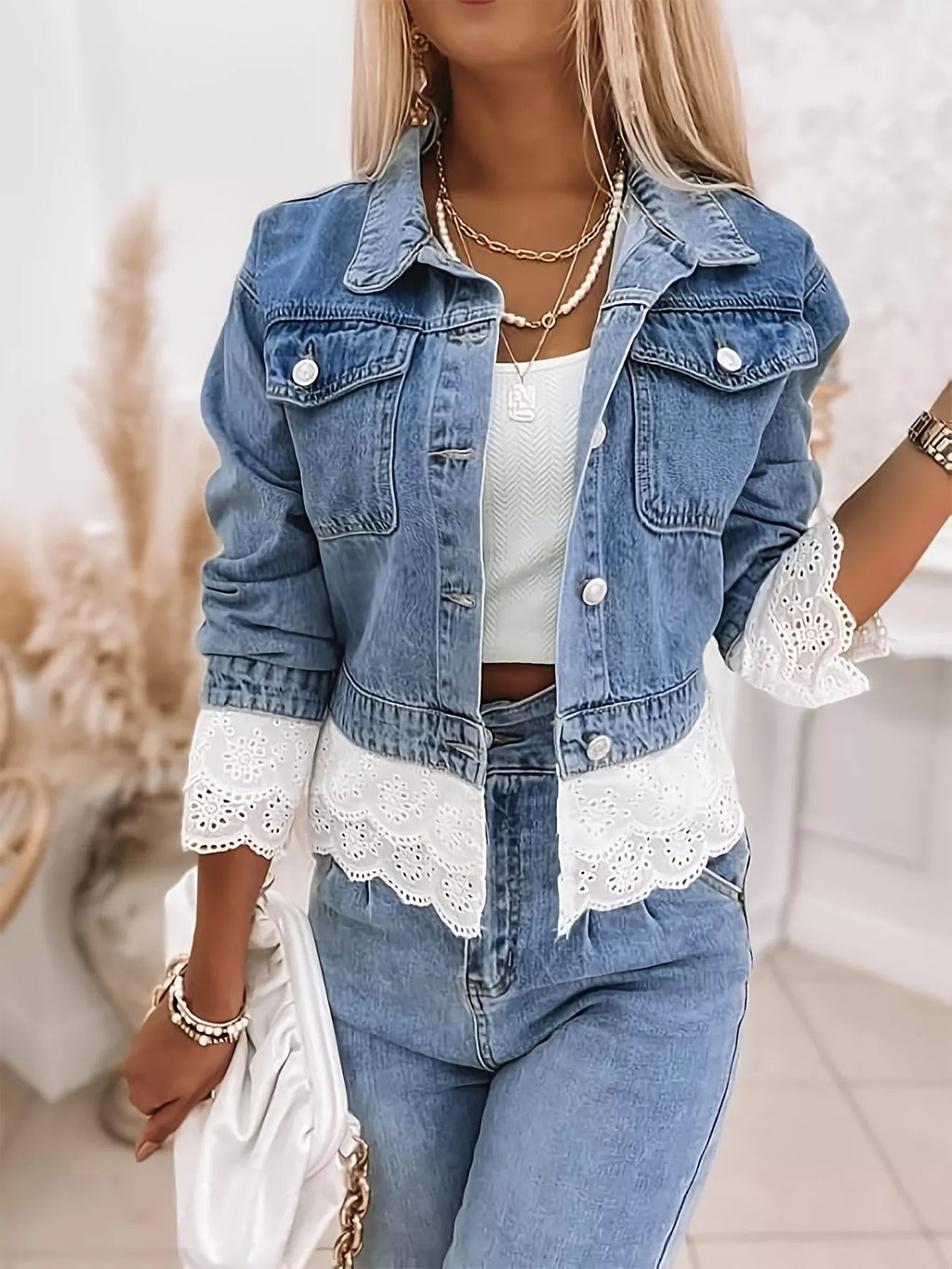 women's cropped denim jacket with lace trim - lifestyle shot