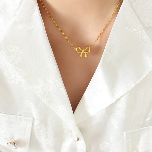 Titanium Steel Bow Pendant Necklace Gold One Size