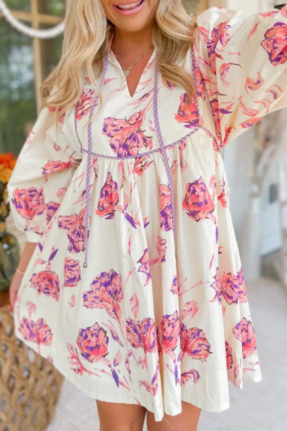 Tied Flower Printed Three-Quarter Sleeve Dress Pink